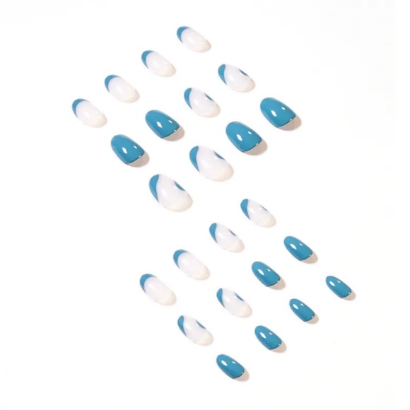 Long Full Cover Artificial Nail Tips Oval Blue Fake Nails With Design French - Picture 3 of 10